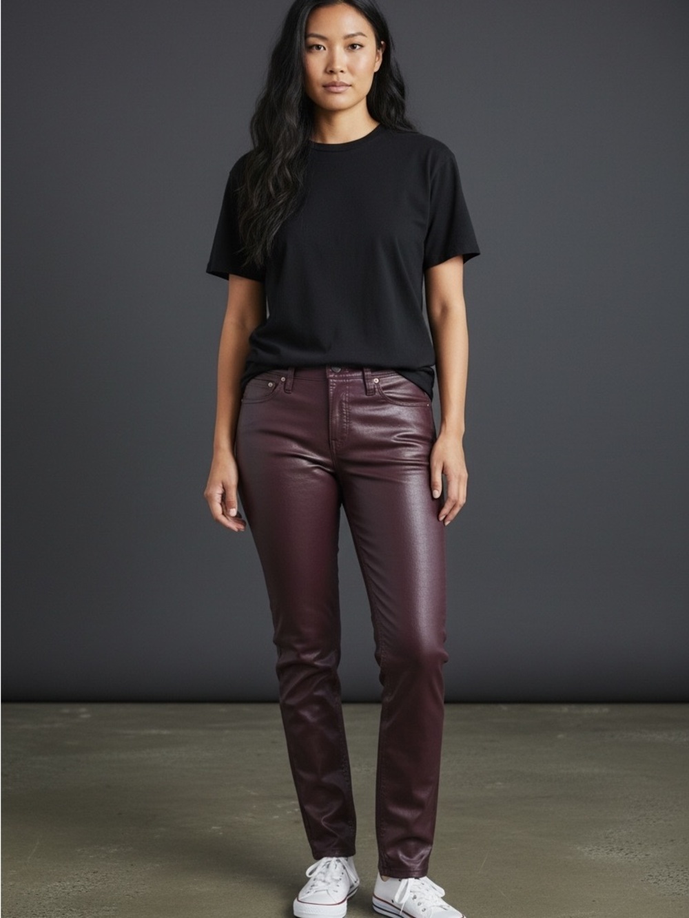Banana Republic Wax Jeans/Leather-Look Straight Leg Pants in Burgundy